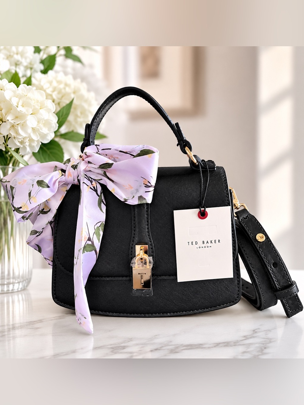 NWT Ted Baker London Black Mini Top Handle Crossbody Satchel with Floral Scarf